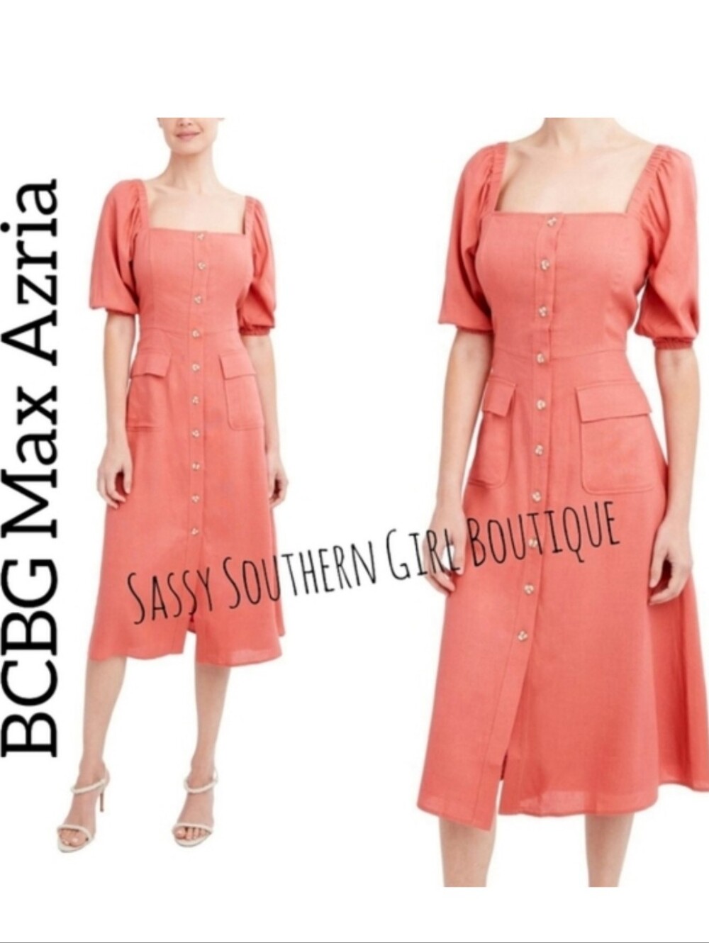 🆕⭐ BCBG Max Azria Rose Linen Blend Button Midi Dress